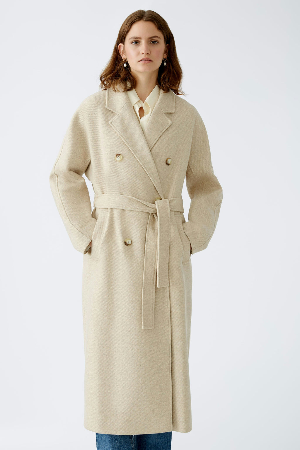 oui soft wool belted coat in beige (front)