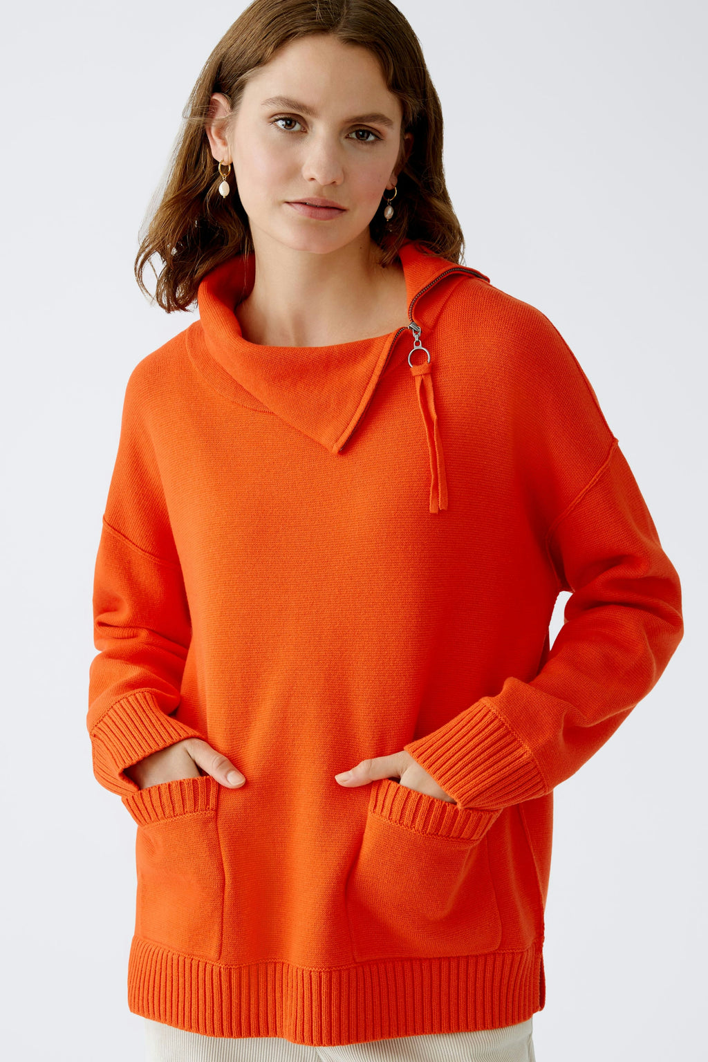 oui zip collar oversized knit in orange (front)