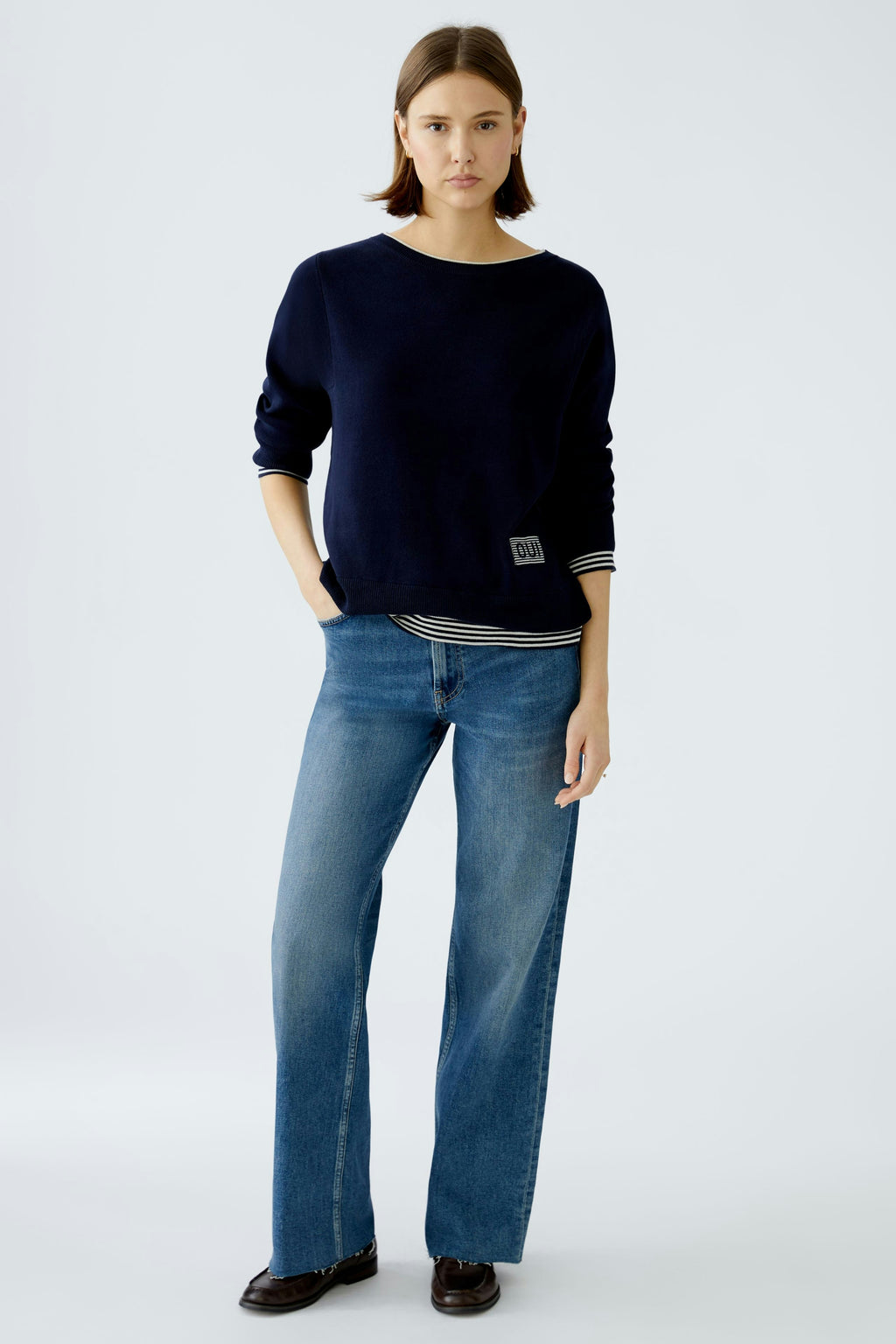 oui contrast hem jumper in navy (front)