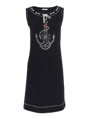 dolcezza diamante front detail in an anchor, sleeveless cotton dress in navy with drawstring roundneck detail and silver stitching (front)