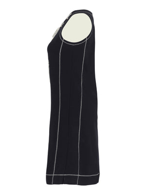 dolcezza diamante front detail in an anchor, sleeveless cotton dress in navy with drawstring roundneck detail and silver stitching (side)