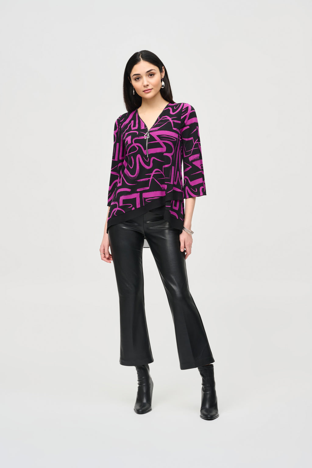 Joseph Ribkoff silky knit abstract print top in magenta (front)