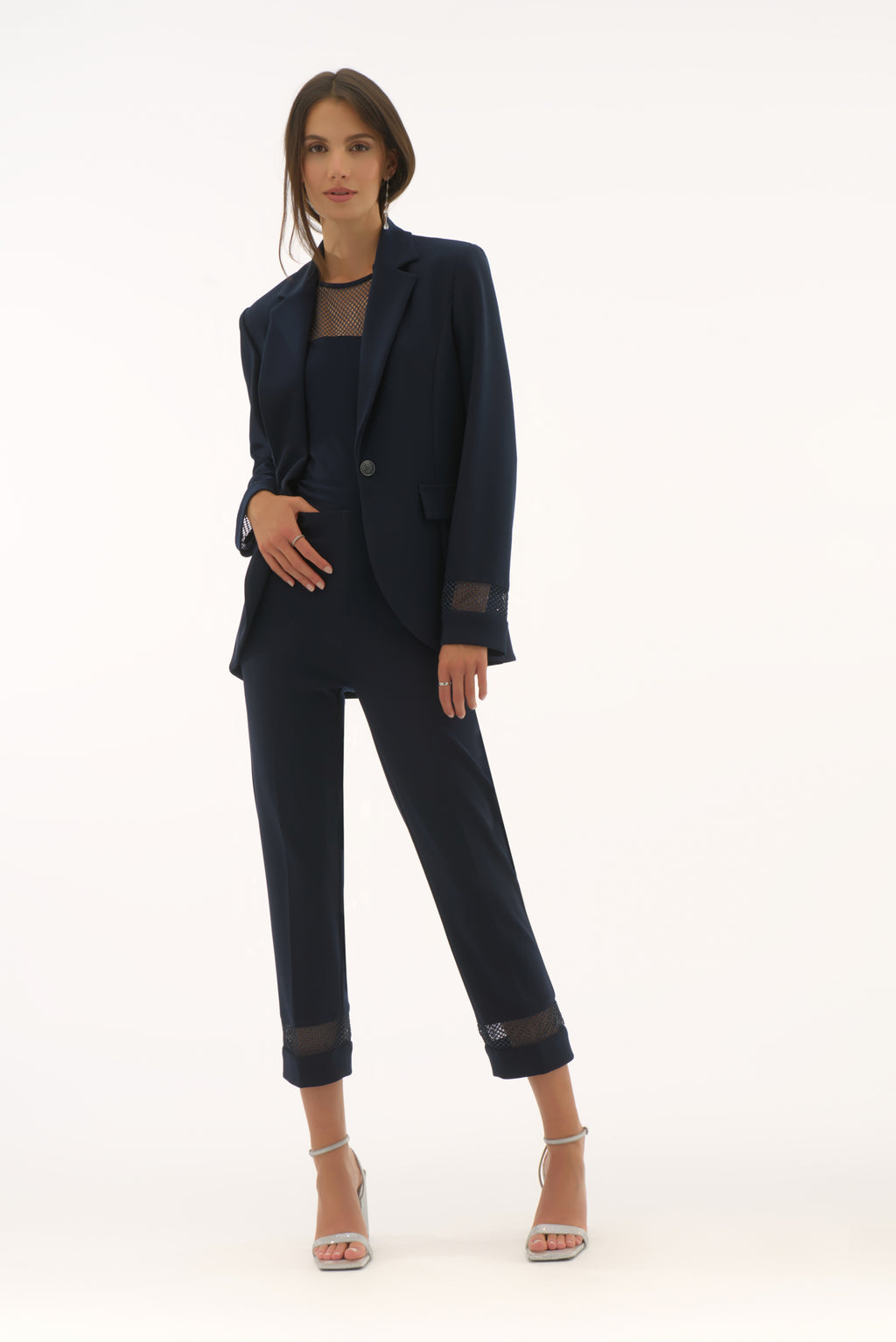 joseph ribkoff sparkle mesh trousers in navy (front)