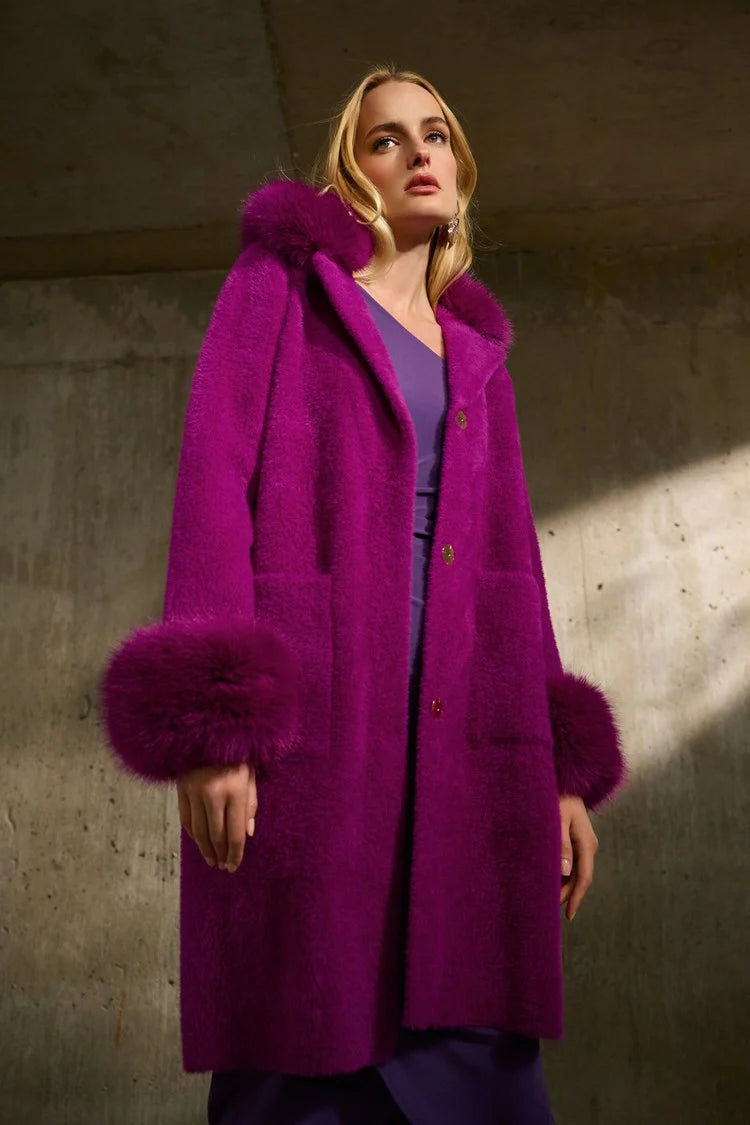 Joseph ribkoff feather yarn and faux fur coat in magenta (front)