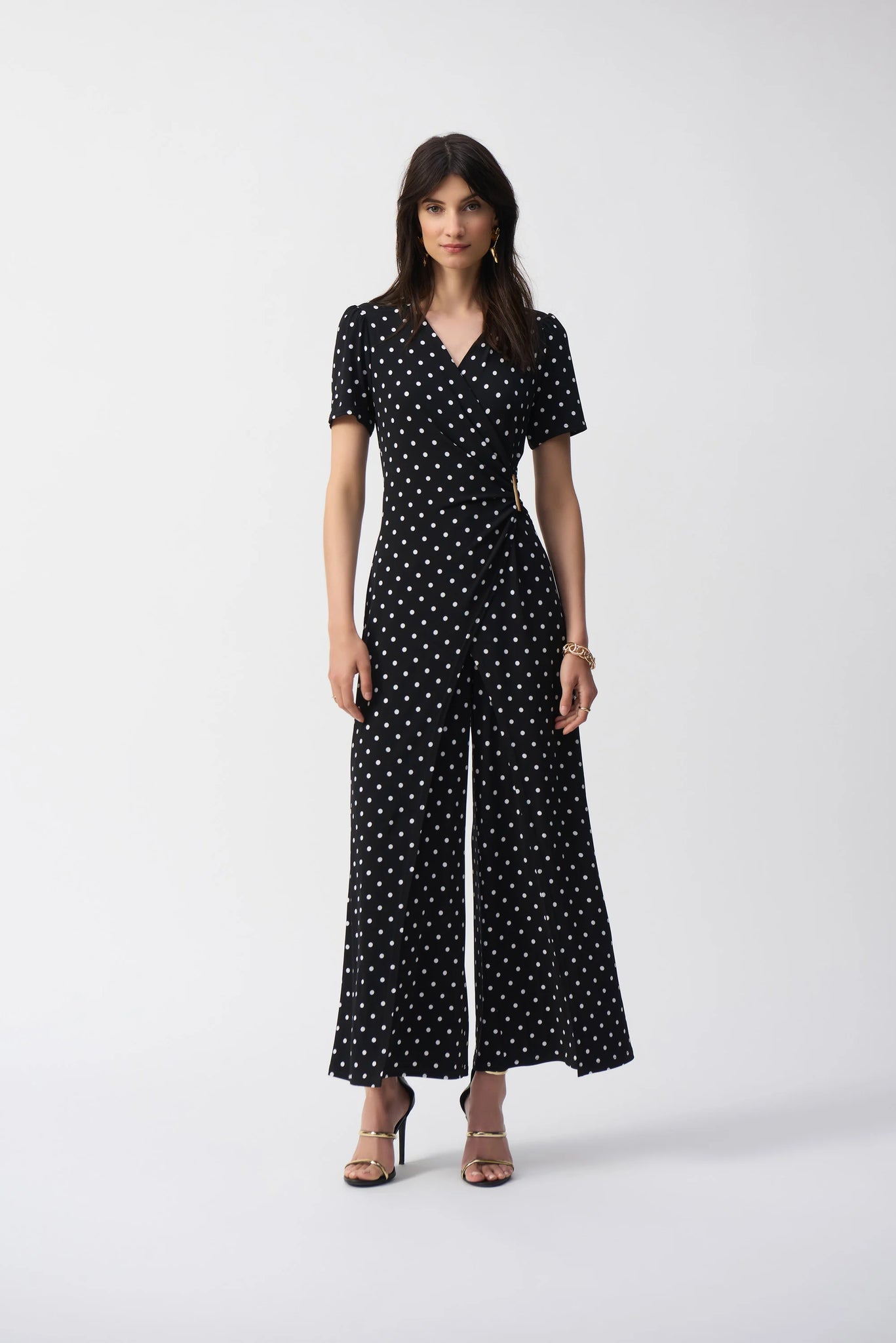 joseph ribkoff spotty wrap jumpsuit in black & white (front)