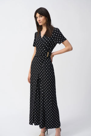 joseph ribkoff spotty wrap jumpsuit in black & white (side)