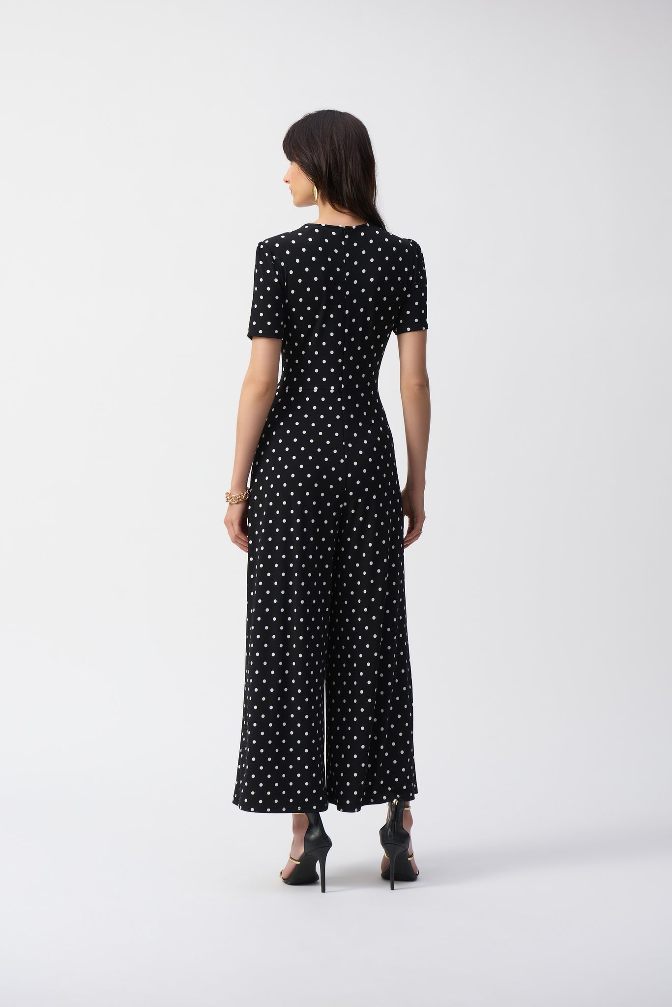 joseph ribkoff spotty wrap jumpsuit in black & white (back)