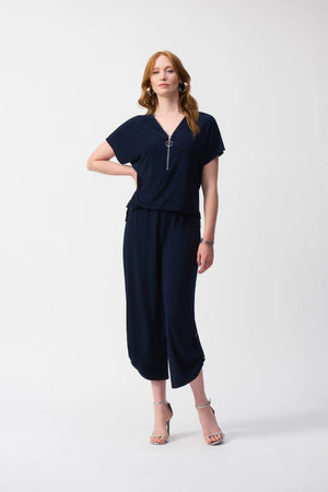 joseph ribkoff silky culotte jumpsuit in navy (front)