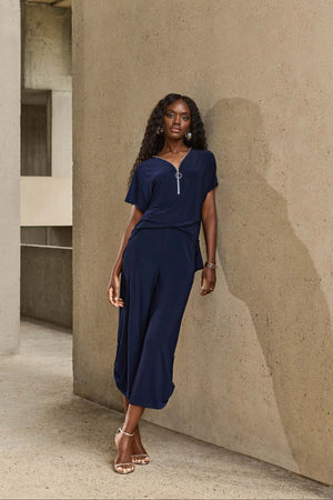 joseph ribkoff silky culotte jumpsuit in navy (front)