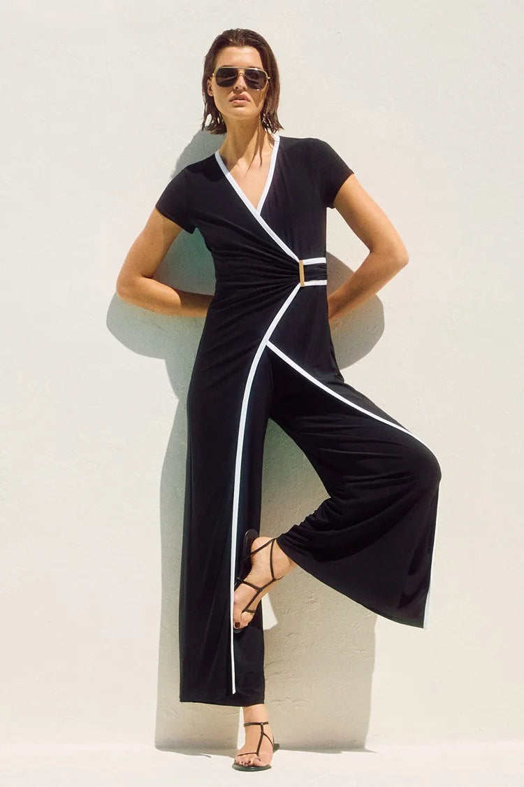 joseph ribkoff silky knit culotte jumpsuit in black & white (front)