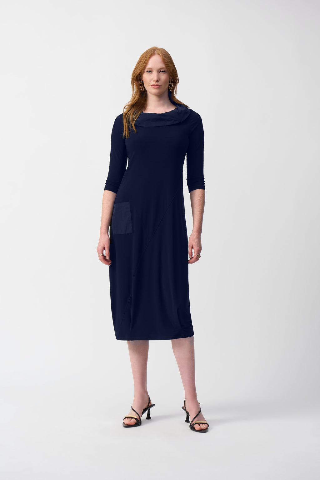 joseph ribkoff silky knit cocoon dress in navy (front)