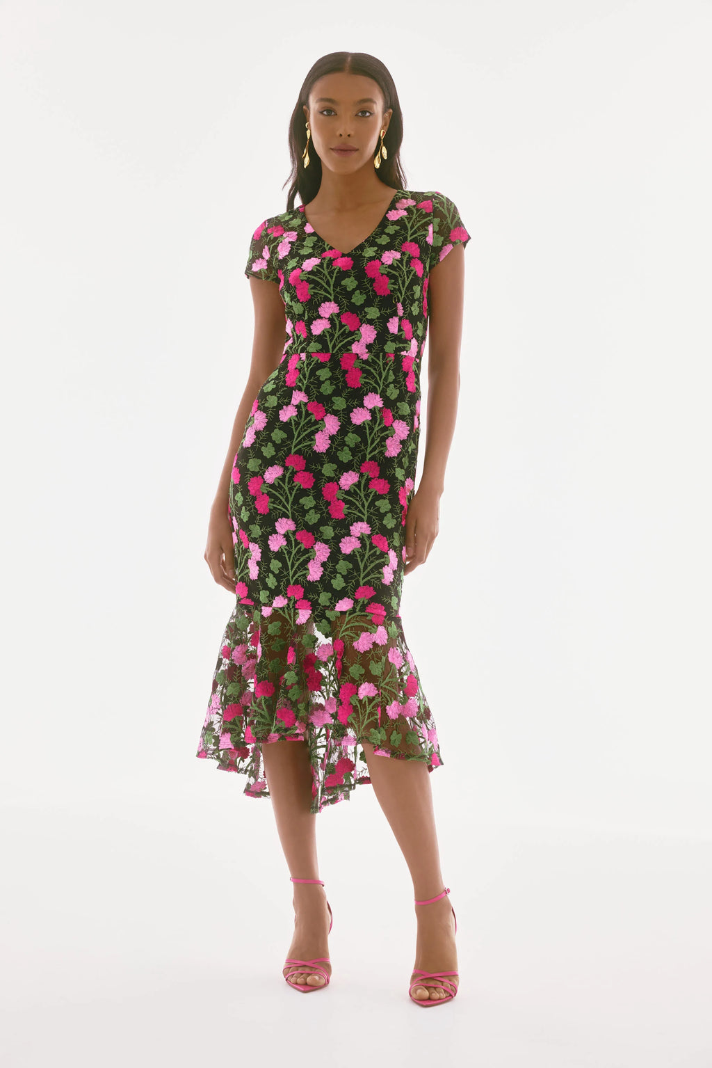 joseph ribkoff floral flounce dress in black & multi (front)