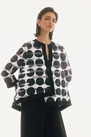 joseph ribkoff dot print boxy jacket in black & white (front)