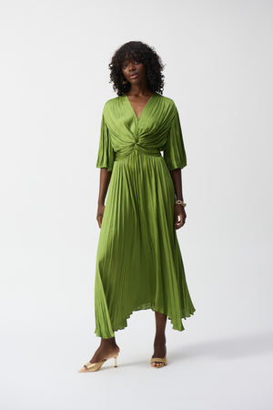 joseph ribkoff pleat satin midi dress in green (front)