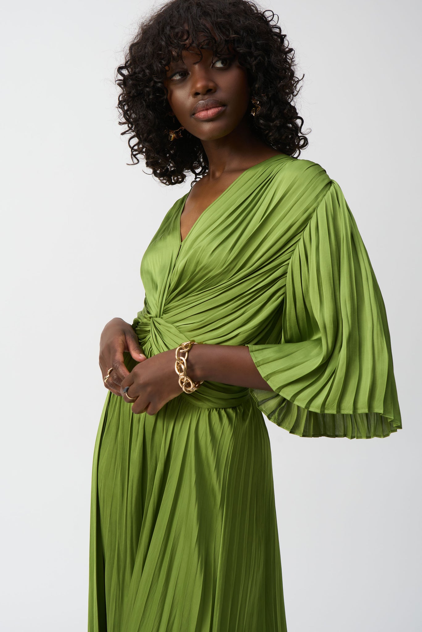 joseph ribkoff pleat satin midi dress in green (detail)