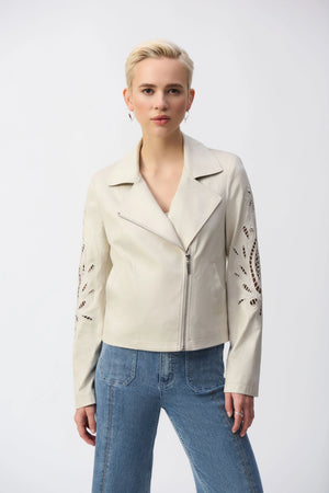 joseph ribkoff faux suede moto jacket in moonstone (front)