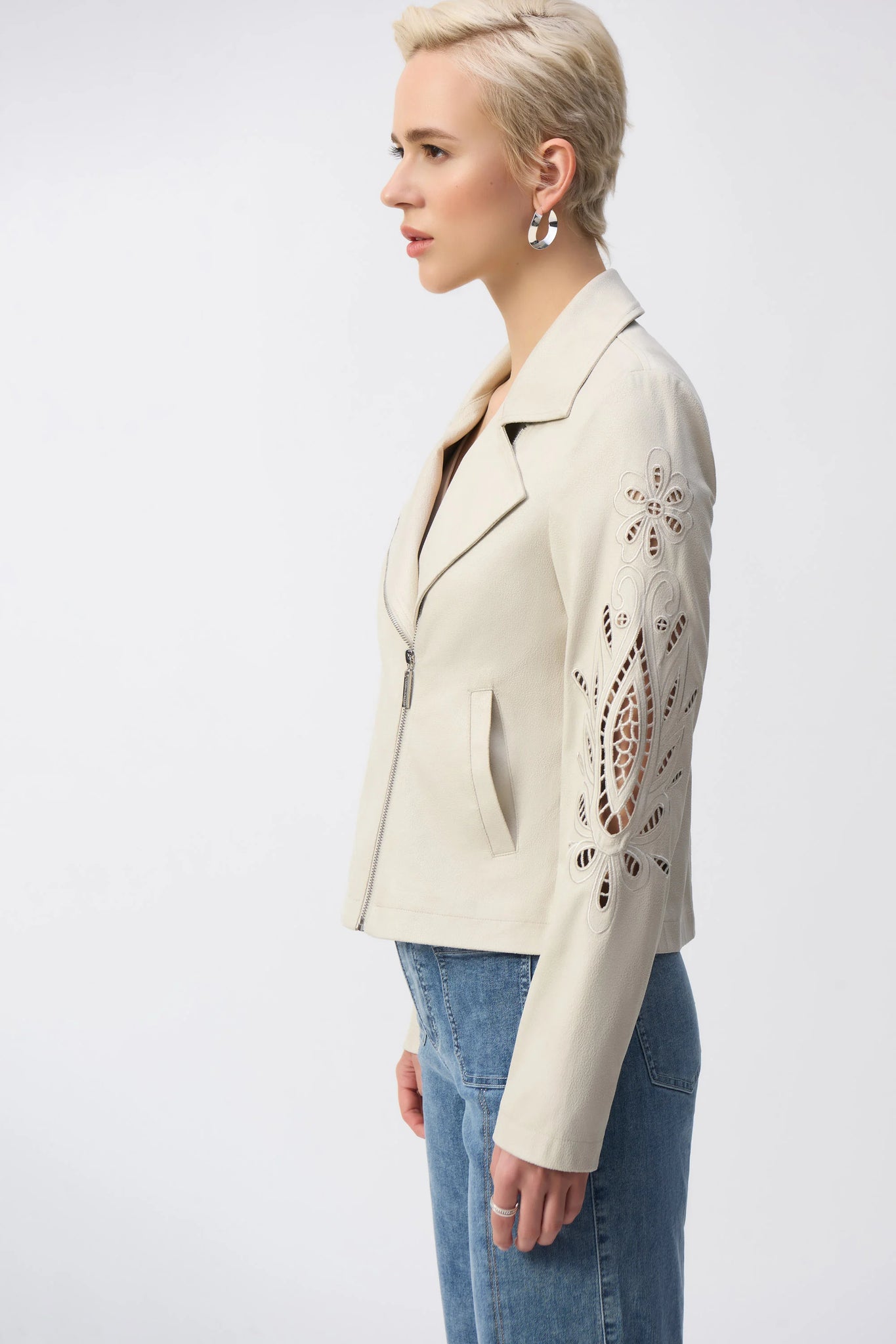 joseph ribkoff faux suede moto jacket in moonstone (side)