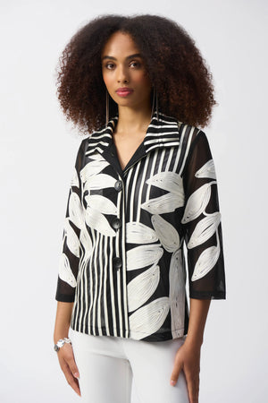 joseph ribkoff mesh and satin jacket in black & white (front)