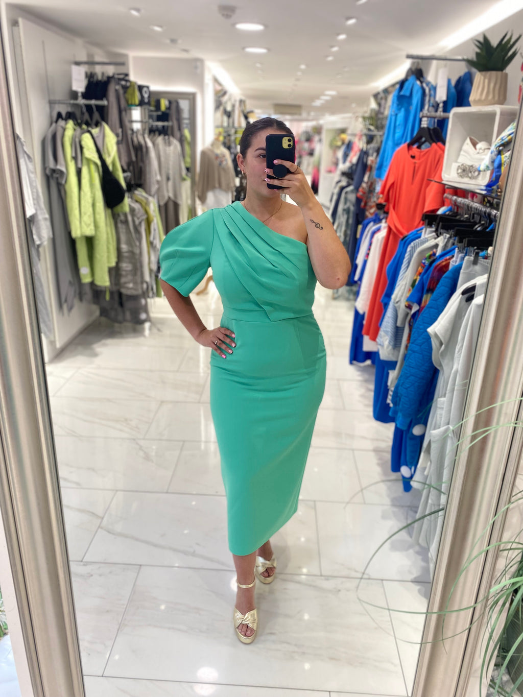 Exquise one shoulder puff sleeve midaxi pencil dress in mint with draping detail (front)