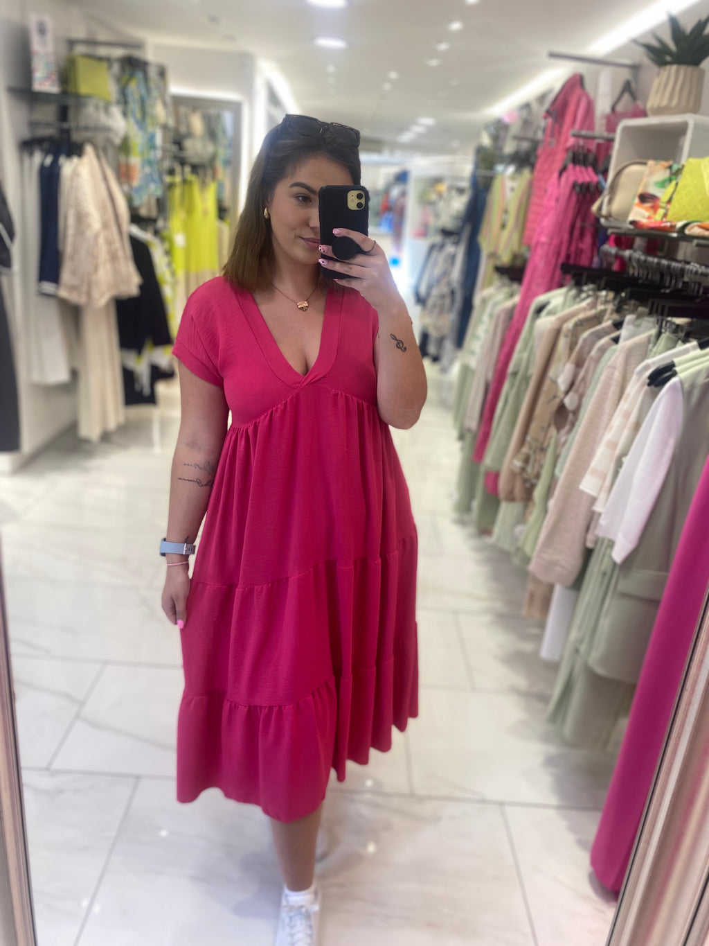 Tiered swing style midi dress in hot pink 