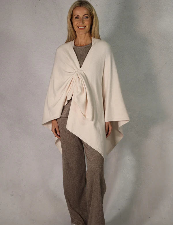 deck tie front wrap shawl in cream (front)