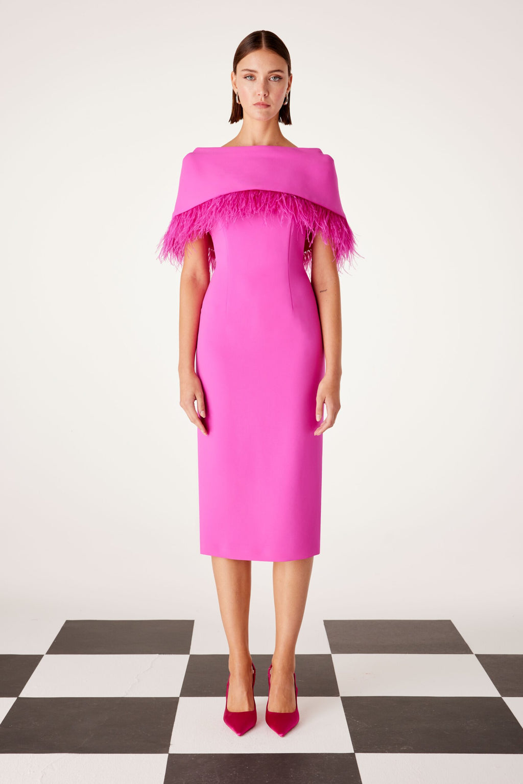 carla ruiz feather trim cape dress in pink (front)