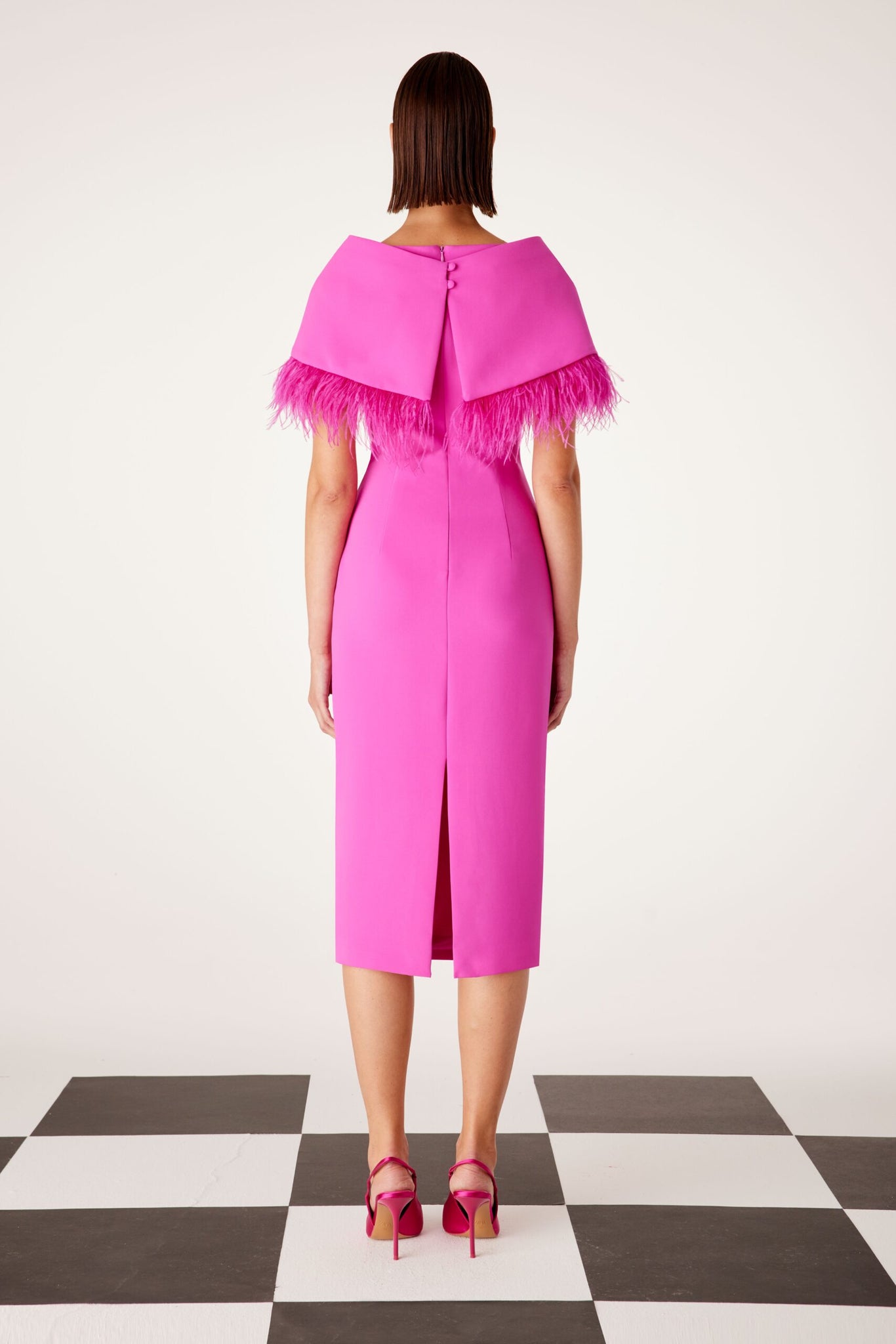 carla ruiz feather trim cape dress in pink (back)