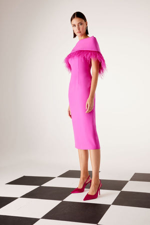 carla ruiz feather trim cape dress in pink (side)