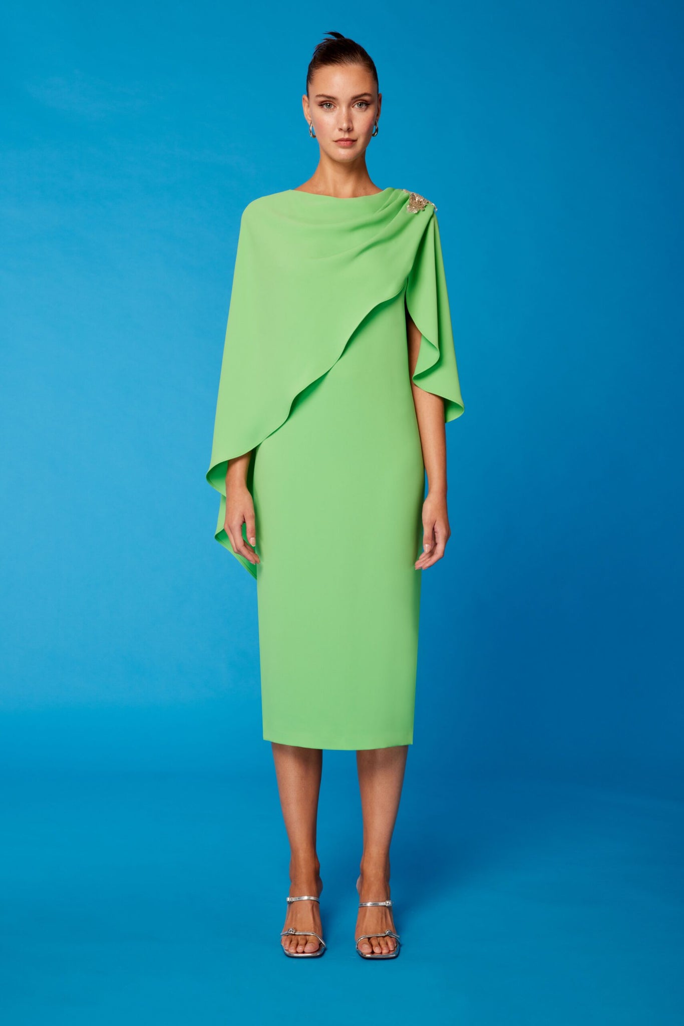 carla ruiz embellished detail cape dress in lime green (front)