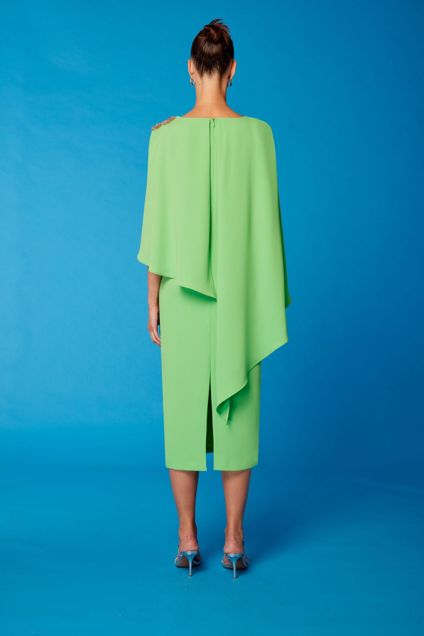 carla ruiz embellished detail cape dress in lime green (back)