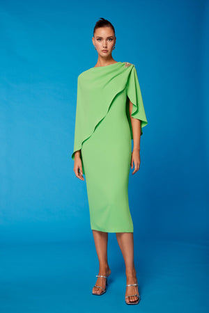 carla ruiz embellished detail cape dress in lime green (front)