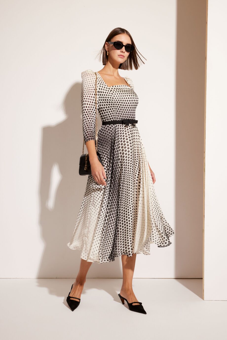 carla ruiz spot print midi dress in black & white