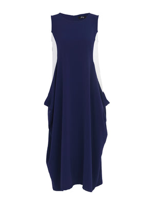 EverSassy balloon style dress in navy with white panels, midi length, sleeveless and pockets (front)