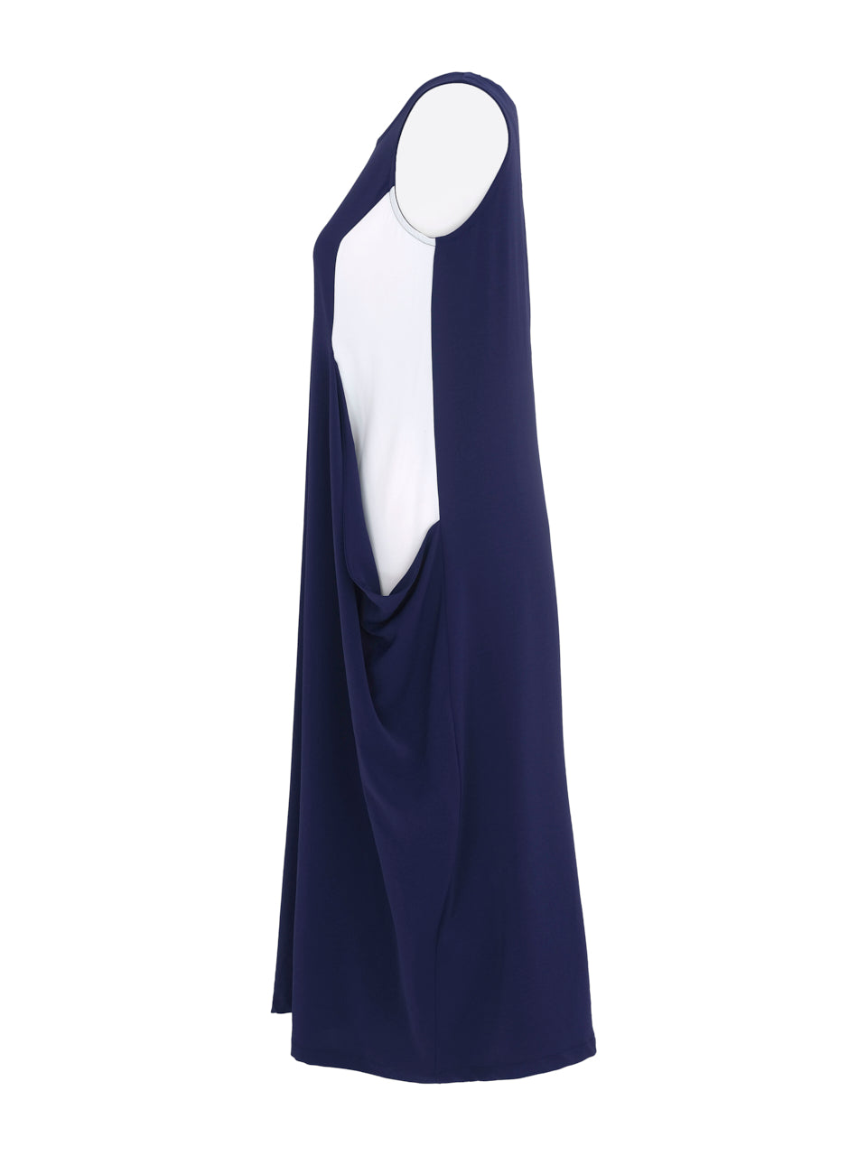 EverSassy balloon style dress in navy with white panels, midi length, sleeveless and pockets (side)
