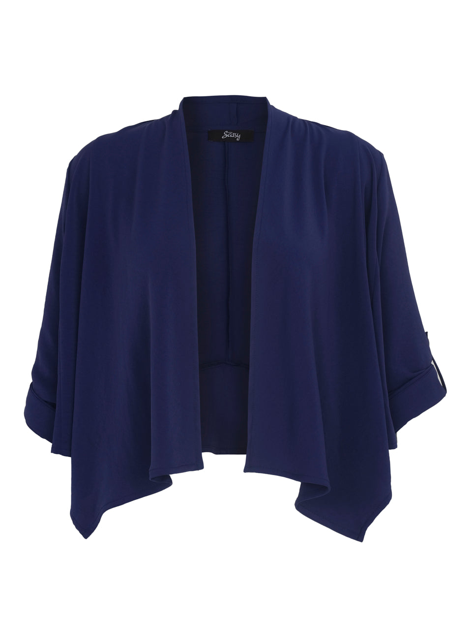 eversassy waterfall style edge to edge crop jacket with turn up sleeve detail in navy (front)