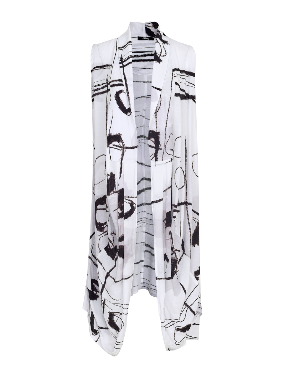 eversassy edge to edge waterfall style dustercoat in white with black scribble print (front)