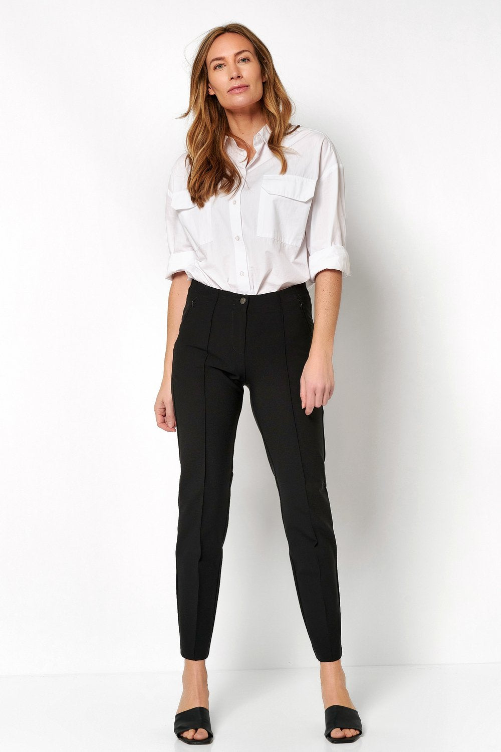 Toni Alessa tailored slim leg trousers in black (front)