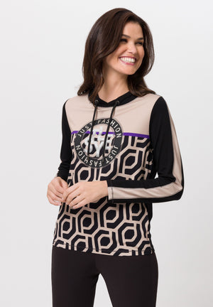 Tuzzi printed long sleeve top in beige & black (front)