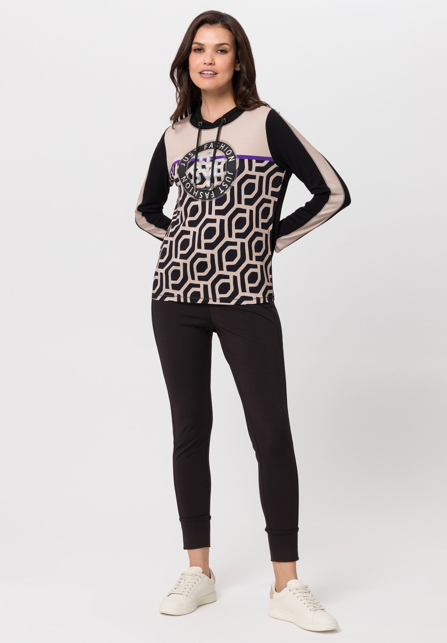 Tuzzi printed long sleeve top in beige & black (front)