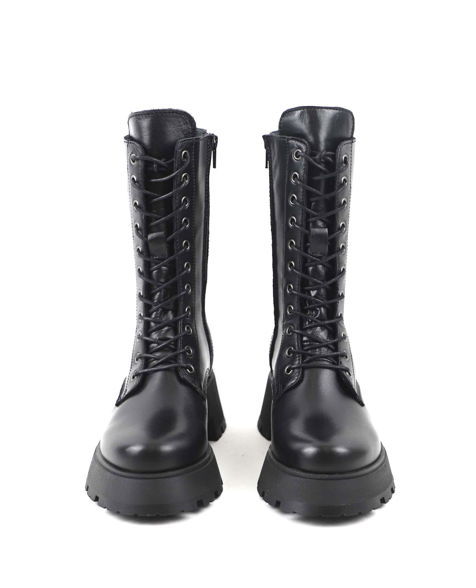 apple of eden chunky lace up boots in black (front)