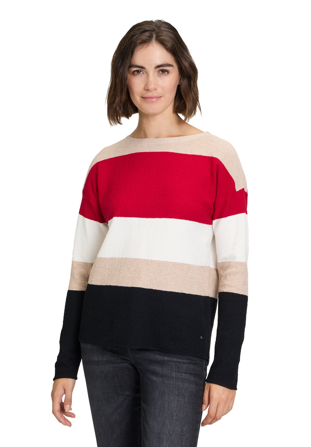 Betty&Co horizontal block striped soft knit jumper in red (front)