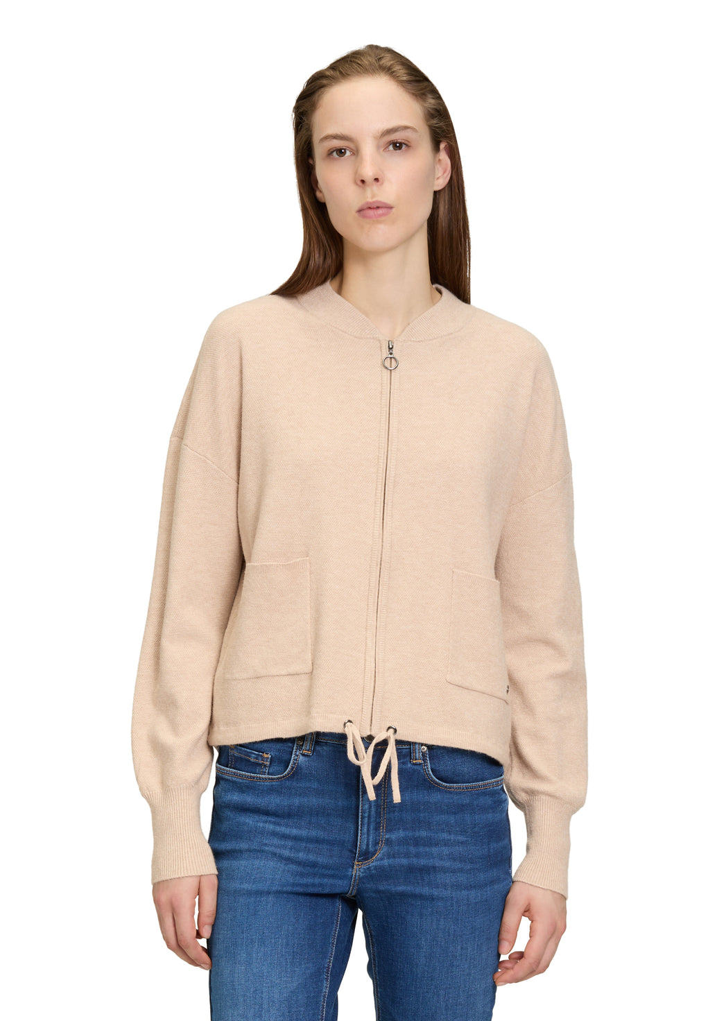 betty & co zip up kit cardigan in beige (front)