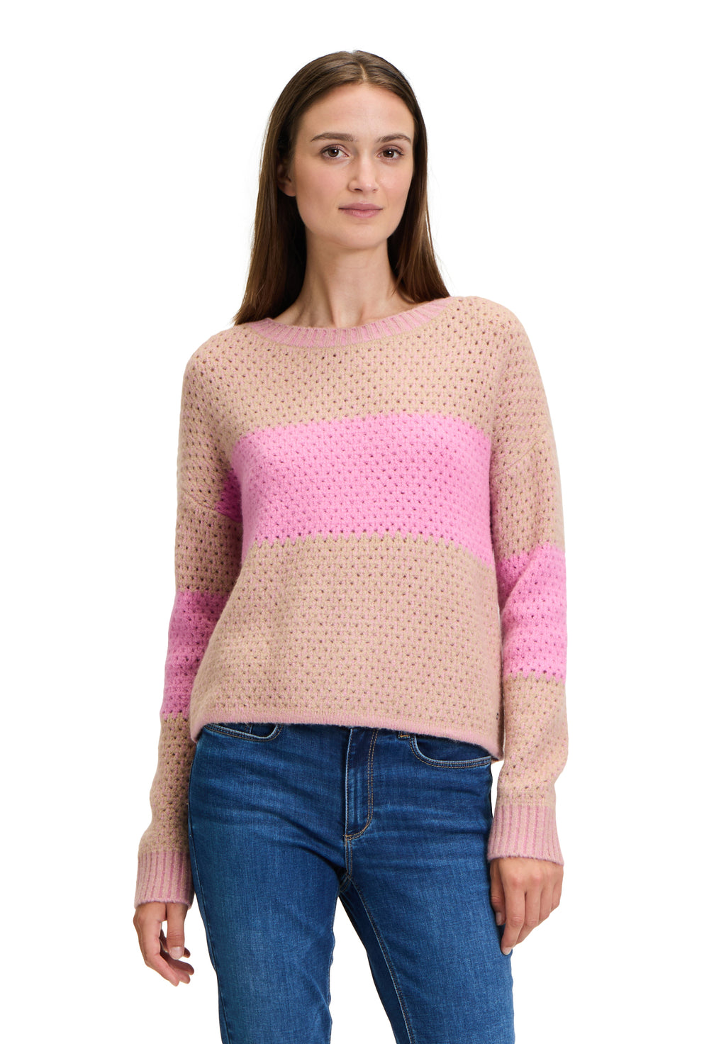 Betty & Co woven knit jumper in pink & beige (front)