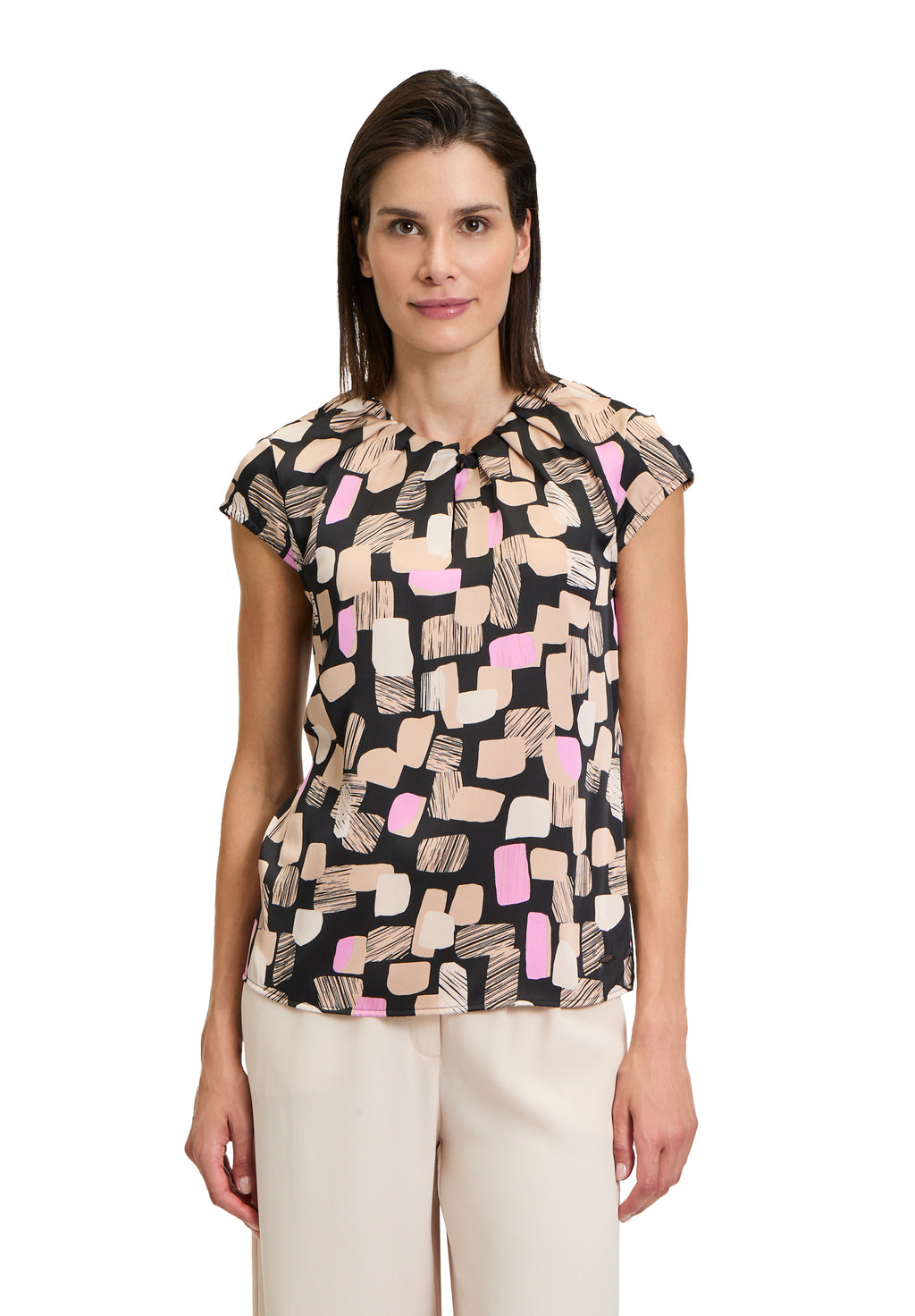 Betty & Co printed cap sleeve top in beige (front)