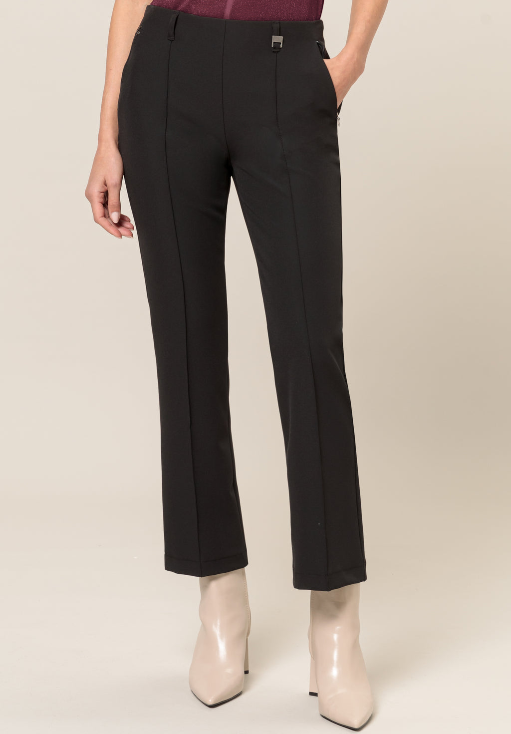 bianca denver kick flare trousers in black (front)