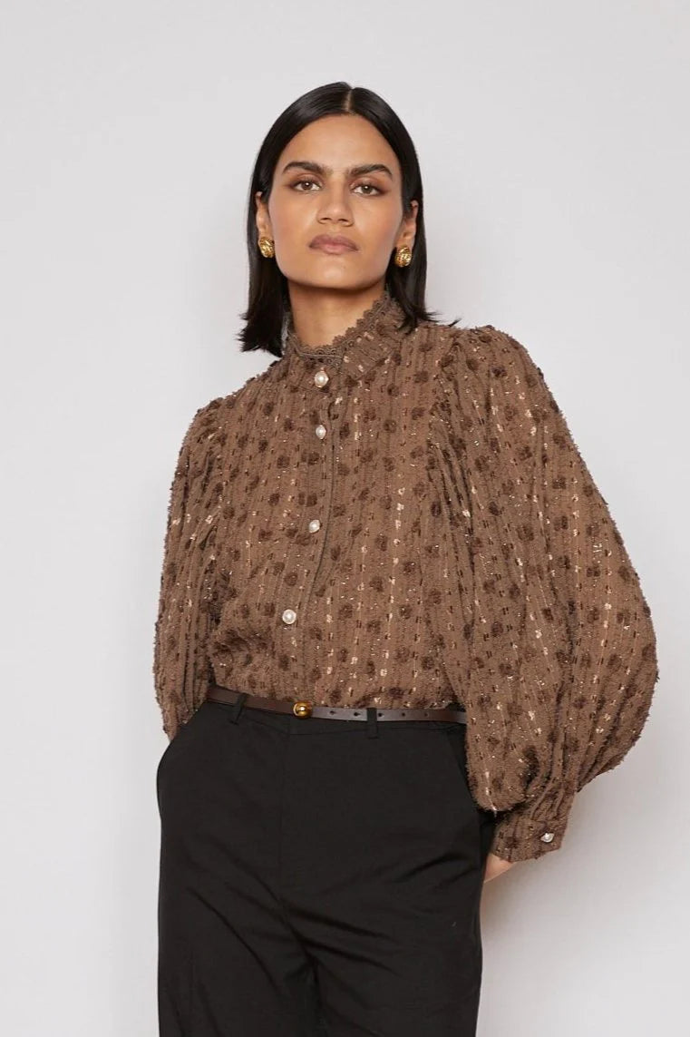 jovonna blair button blouse in brown (front)