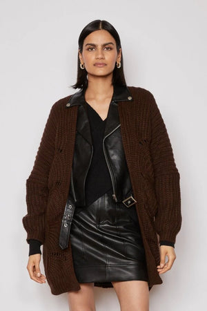 jovonna tate pleather insert cardigan in brown (front)