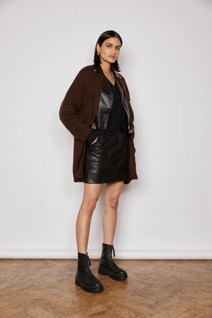 jovonna tate pleather insert cardigan in brown (front)