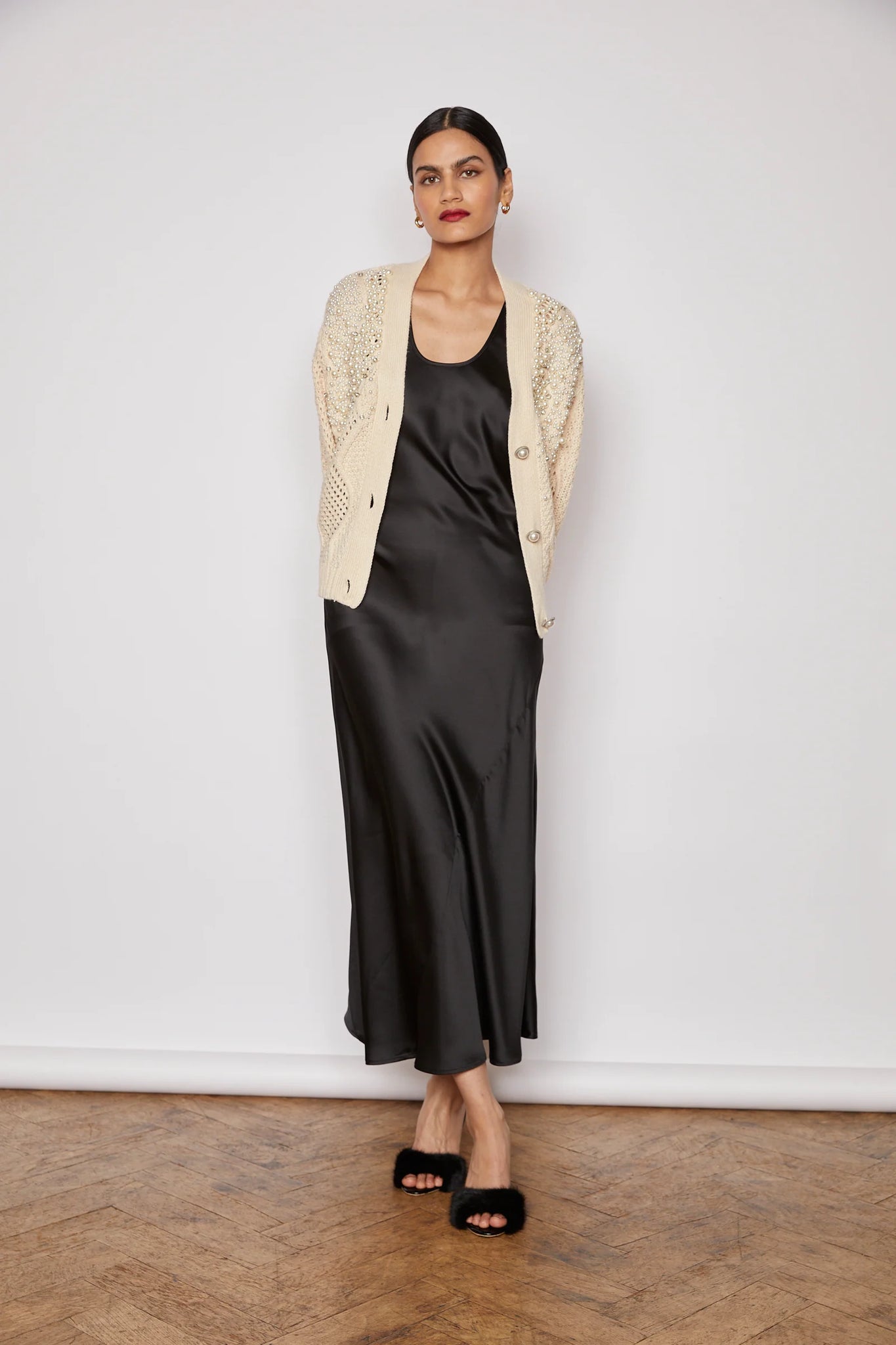 jovonna darcy pearl knit cardigan in beige (front)