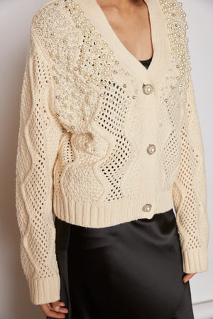 jovonna darcy pearl knit cardigan in beige (front)